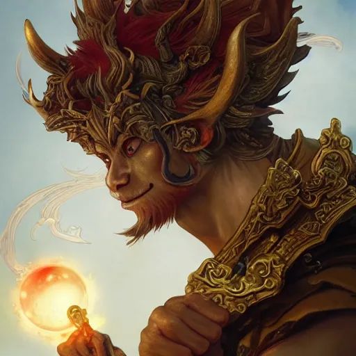 Image similar to Sun Wukong in the korean mmo Lost Ark, monkey king, divine, golden ,symmetrical, D&D character art, portrait, digital painting, Peter Mohrbacher, Alphonse Mucha, Brian Froud, Yoshitaka Amano, Kim Keever, Victo Ngai, James Jean