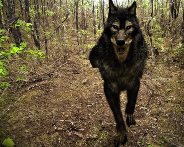 Prompt: photo of standing werewolf monster caught on a trail cam