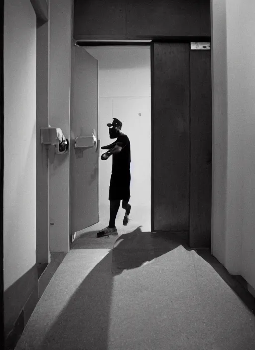 Image similar to Portrait of a 1990s Philadelphia b-boy looking back while exiting his brutalist apartment, hand on the doorknob, photographed for Reuters, Kodak Portra 400, 25mm f/1.8, light diffusion, contrast, film grain, 8k archival print, after Petrus van Schendel