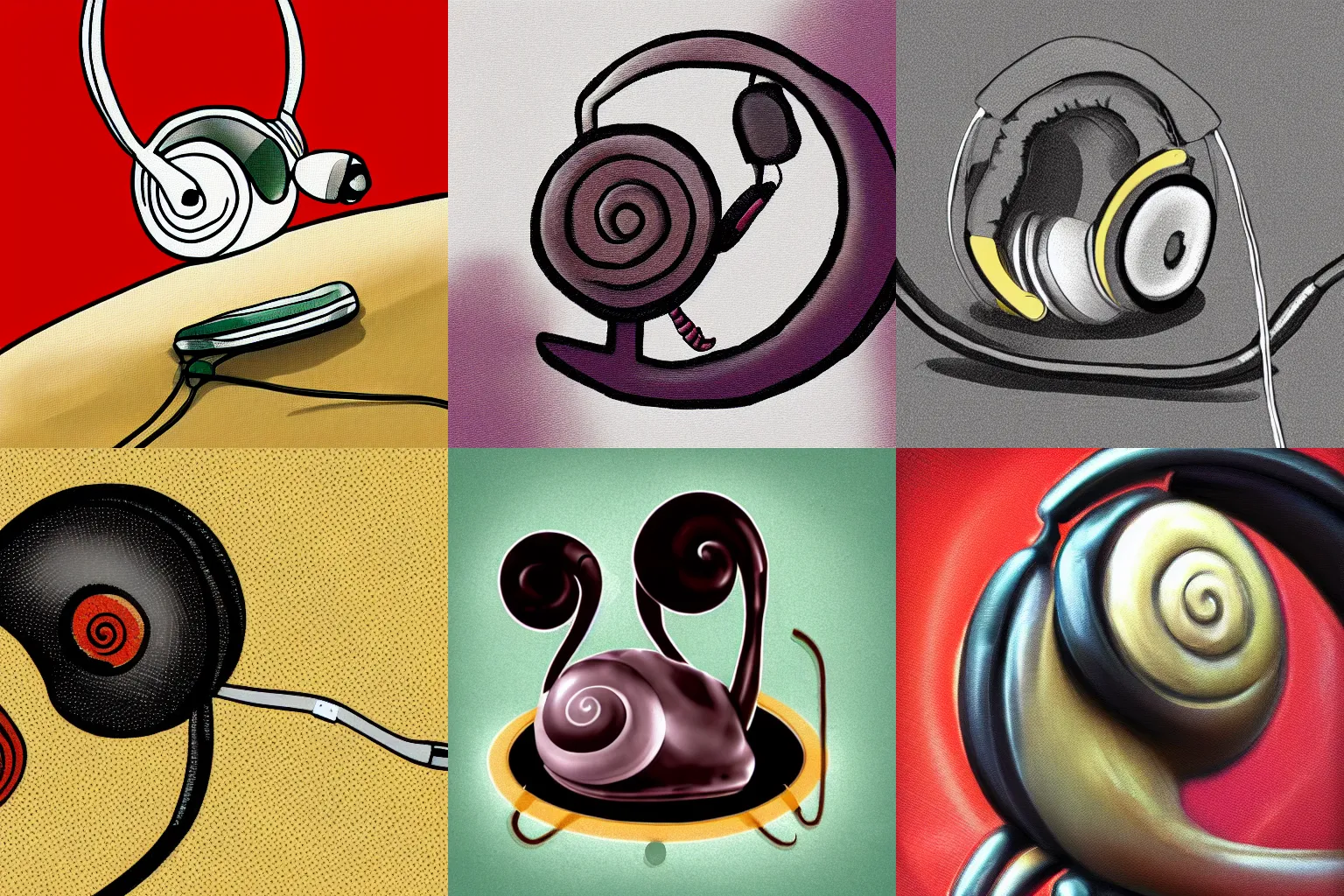 Prompt: A snail with headphones, digital art, closeup,