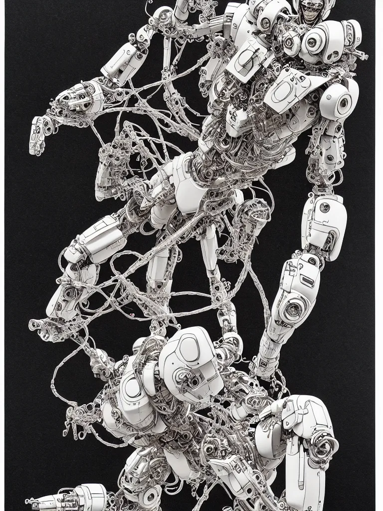 Prompt: prompt: Fragile looking figure, portrait face drawn by Katsuhiro Otomo, accurate full body character drawing, inspired by Evangeleon and Akira 1988, cyborg and wire details with robotic parts, clean ink detailed line drawing, intricate detail, manga 1990, golden ration composition