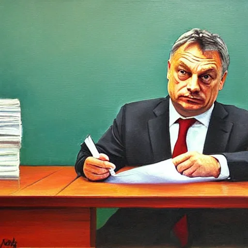 Prompt: viktor orban doing paperwork in a cubicle, oil painting
