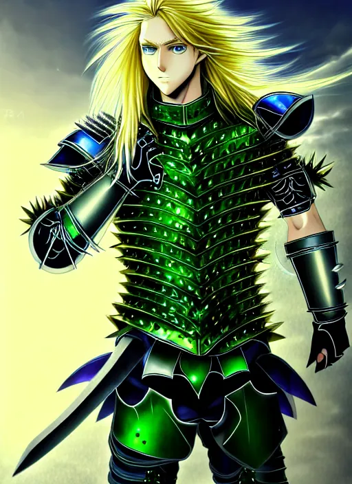 Image similar to a detailed anime full body portrait of a male warrior with long blonde hair and blue eyes wearing evil green spiked cyberpunk armour by hirohiko araki, detailed artwork, realism, 4 k resolution, detailed, high quality, sharp focus, hq artwork, insane detail, volumetric lighting, character concept art, fine details, clear subject, central subject