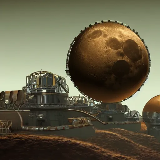 Prompt: photo of a steampunk moon base