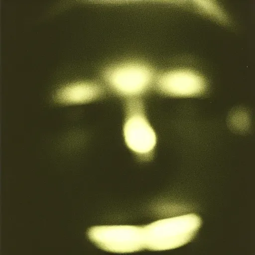 Image similar to an uncanny face in a dark room, 35 mm, film photo