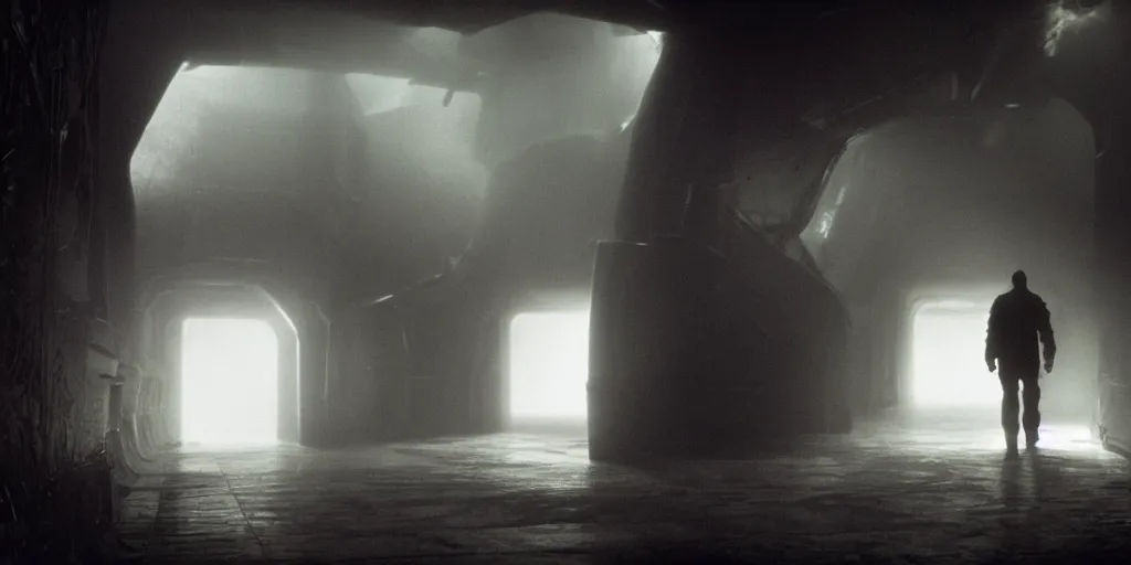 Image similar to a tight shot of a dark Alien ship interior corridor by Ridley Scott with lots of steam, Aliens movie, grainy, moody, dark, bleak