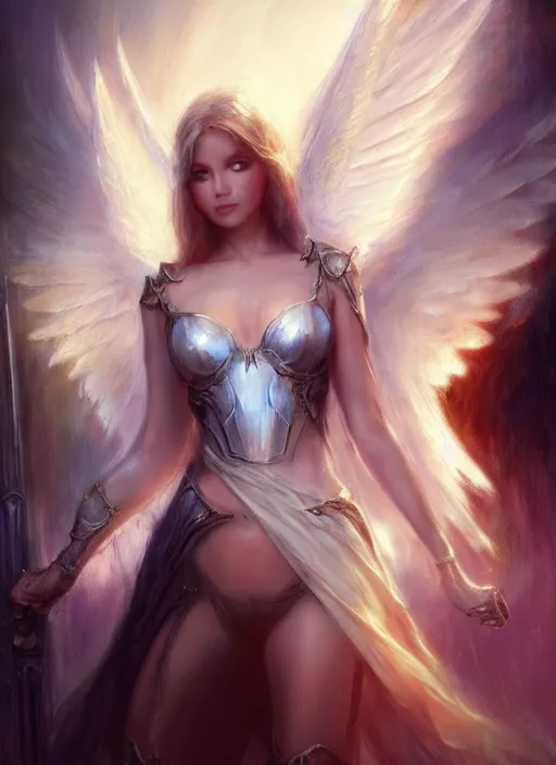 Image similar to concept art, angel knight girl. by artstation trending, by joseph mallord william turner, luis royo, konstantin razumov, cinematic lighting, fractal flame, highly detailed