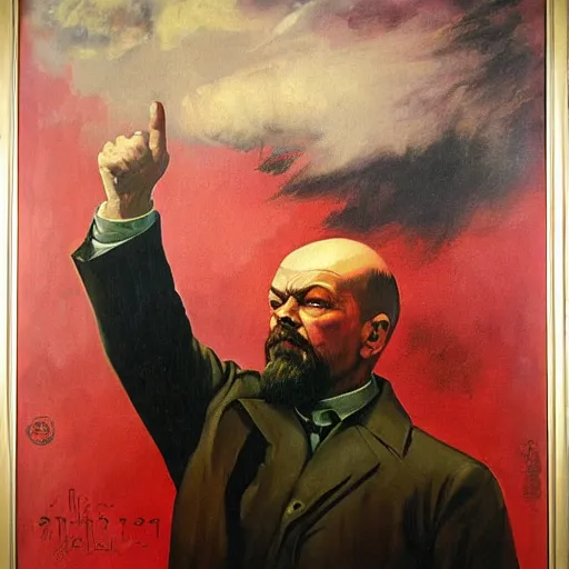 Image similar to dramatic oil painting of vladimir lenin, painted by frank frazetta, propaganda poster