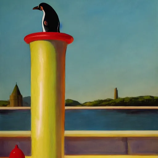 Prompt: a fine art painting of the penguin from planet coaster in a water fountain in the style of edward hopper and wes anderson.