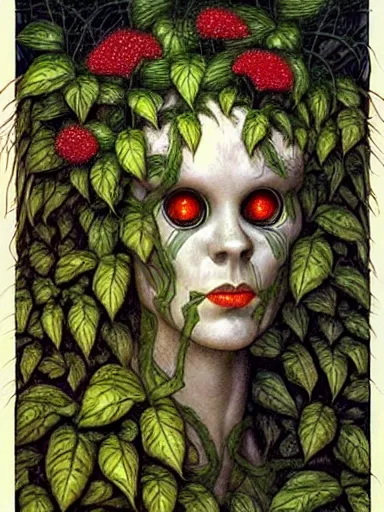 Prompt: The Hanging-Gardens of Pareidolia, ivy, verbena and pothos growing facial features and optical-illusions, aesthetic!!!!!!, by Gerald Brom in the style of Johfra Bosschart in the style of,