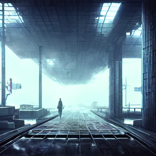 Image similar to raining dark smog wide angle shot dieselpunk dystopia makoto shinkai corrogated steel overhead walkway