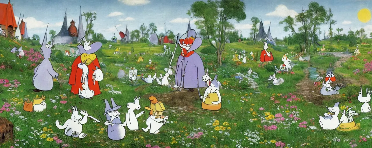 Image similar to the moomins in moominvalley, bosch painting, very detailed!, high quality, 4 k