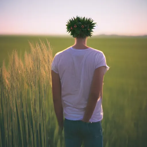 Prompt: kodak portra 4 0 0 photograph of a skinny blonde guy standing in field of wheat, back view, flower crown, moody lighting, telephoto, 9 0 s vibe, blurry background, vaporwave colors, faded!,