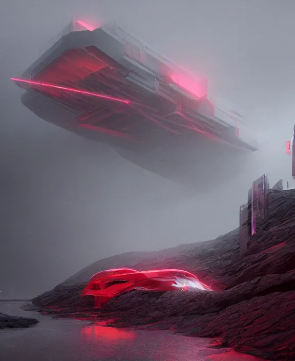 Image similar to surreal romantic prometheus horizontal white exploration base, red laser, building architecture by ruan jia, futuristic, blame, white architecture in the beach in iceland, foggy, highly detailed, digital painting, arstation, concept art, hyperealistic octane render, unreal engine