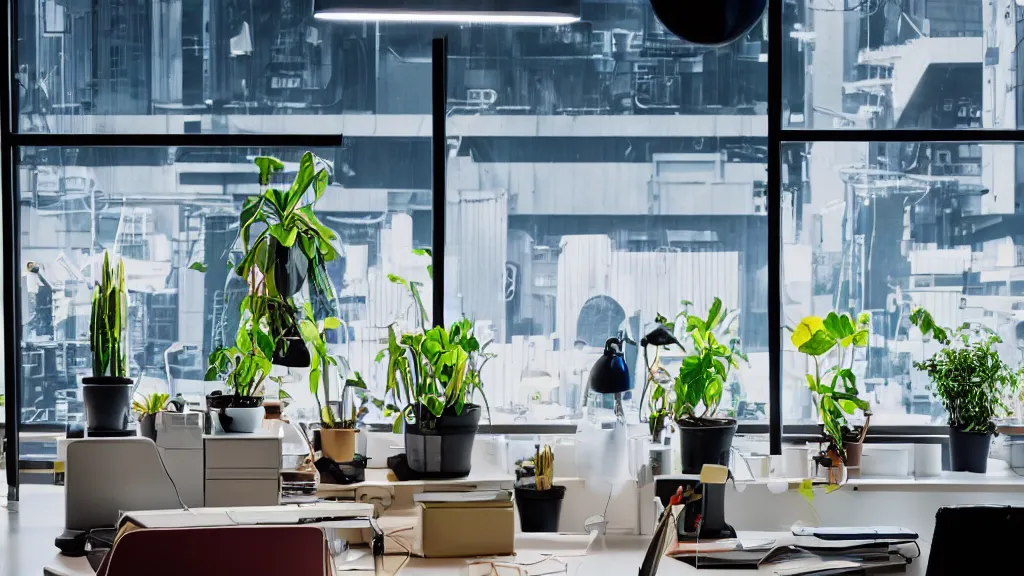 Image similar to IKEA catalogue photo, modern office space, retro future style furniture, cyberpunk style neon lighting, lush plant life, cityscape in the window