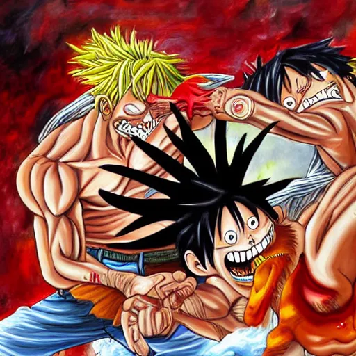 Prompt: highly detailed painting of Monkey D. luffy fighting Kaido, gruesome, scary, sci-fi, hyper realistic