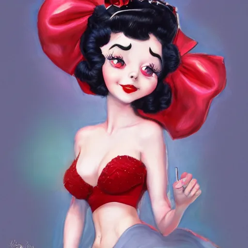 Image similar to vivien leigh as betty boop, red dress fully clothed, hyper detailed, digital art, trending in artstation, cinematic lighting, studio quality, smooth render, unreal engine 5 rendered, octane rendered, art style by klimt and nixeu and ian sprigger and wlop and krenz cushart