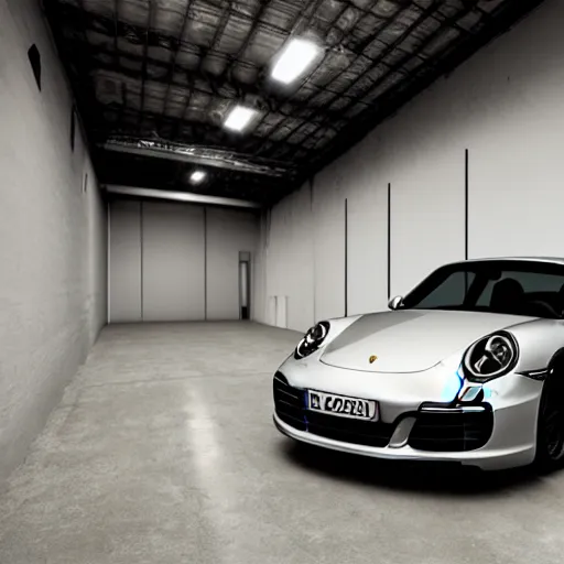 Prompt: a porsche 911 2020 parked inside a warehouse, studio lighting