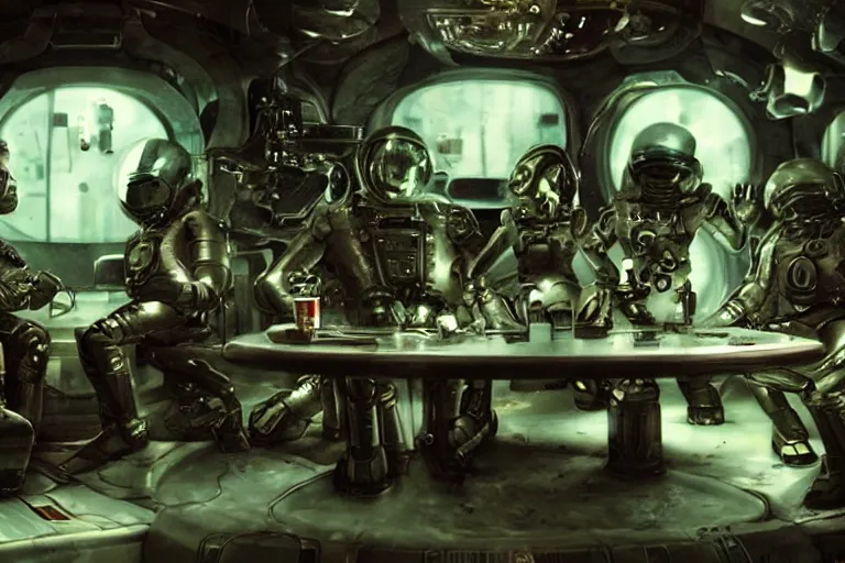 Prompt: sci-fi cinematography of cybernetic space soldiers sitting in an alien bar. By Emmanuel Lubezki