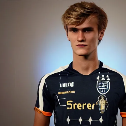 Image similar to a realistic detailed photo of a guy who is an attractive humanoid who is half robot and half humanoid, who is a male android, soccer player martin ødegaard, shiny skin, posing like a statue, blank stare, in a living room, on display