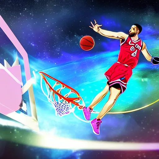 Image similar to A basketball player performing a slam dunk in the galaxy, digital art