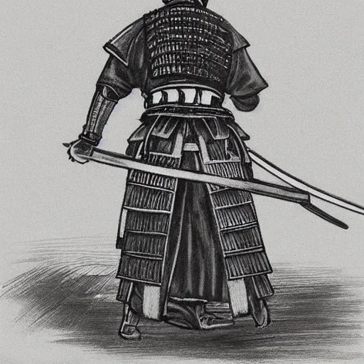 Image similar to A FULL BODY PORTRAIT FROM BEHIND OF A SAMURAI WITH A KATANA AND A CHAIN INK ART