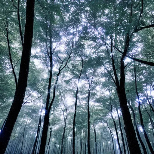 Prompt: Looking at the forest floor, An indigo forest in Japan, dark, midnight, ghostly white trees