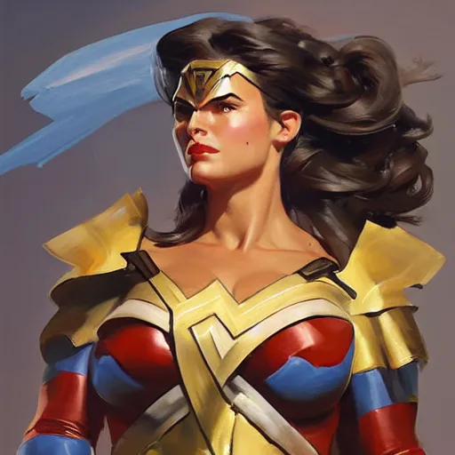 Prompt: greg manchess portrait painting of wonderwoman as overwatch character, medium shot, asymmetrical, profile picture, organic painting, sunny day, matte painting, bold shapes, hard edges, street art, trending on artstation, by huang guangjian and gil elvgren and sachin teng