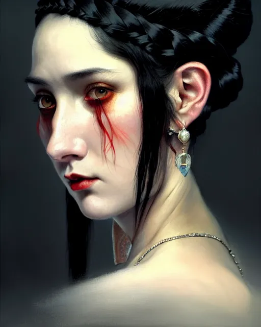 Prompt: regal woman with black hair, red eyes, beautiful girl, close up portrait, moonlight, highkey, braids, realistic, serov, surikov, vasnetsov, repin, kramskoi, paint texture, low aperature, insanely detailed, charlie bowater, tom bagshaw, octane rendered, unreal engine, illustration, trending on artstation, masterpiece