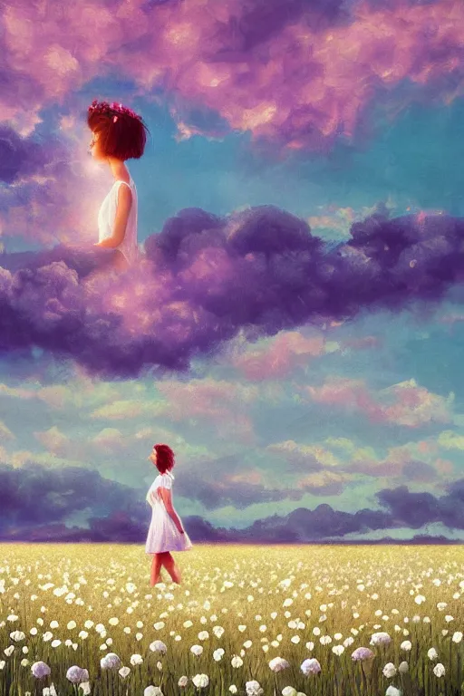 Image similar to giant white daisy flower as head, girl walking in a flower field, surreal photography, sunrise, dramatic light, impressionist painting, colorful clouds, digital painting, artstation, simon stalenhag