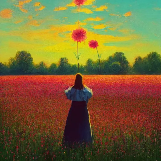Image similar to woman with a flower face standing in flower field, surreal painting, sunrise, impressionism, colorful clouds, artstation, simon stalenhag