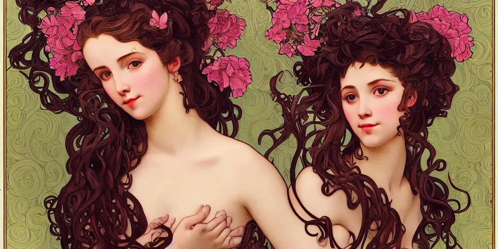 Prompt: a portrait of a very seductive young woman, hair full of gigantic flowers and octopus tentacles, photoillustration, realistic, closeup, facing the camera, dark, dramatic lighting, in the style of WLOP and Alphonse Mucha and Caravaggio