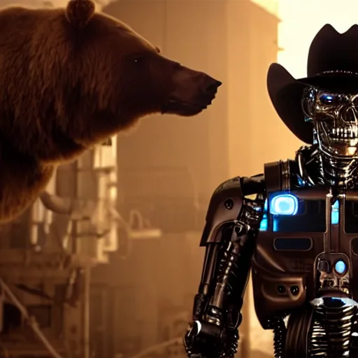 Prompt: a terminator android dressed as a cowboy while mounting a bear, 8 k, movie still, high detail, hyperrealistic