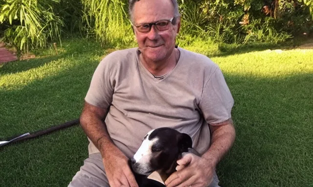 Image similar to My dad Steve just took a hit from the bongo and have good time being gracefully relaxed in the garden, sunset lighting. My second name is Carell. My dad second name is Carell. Im the dog