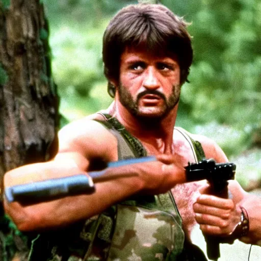 Image similar to A still of Garfield as Rambo in Rambo First Blood (1982)