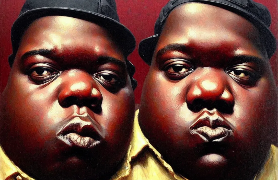 Image similar to portrait of biggie smalls!!!!!!!!!!!!!!!!!!!!!!!!!!!, detailed face, detailed painting,, epic lighting, by ilya repin, phil hale and kent williams