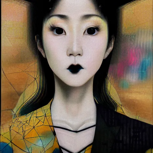 Prompt: yoshitaka amano blurred and dreamy realistic three quarter angle portrait of a young asian woman with black lipstick and black eyes wearing dress suit with tie, junji ito abstract patterns in the background, satoshi kon anime, noisy film grain effect, highly detailed, renaissance oil painting, weird portrait angle, blurred lost edges