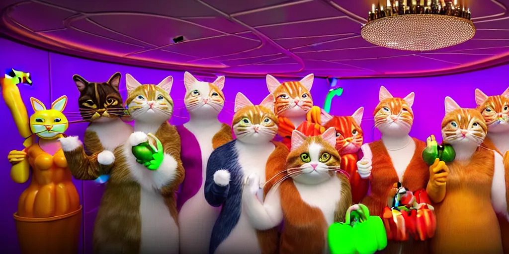 Image similar to 8 k uhd cinema 4 d, octane render of multiple cats dressed as vegetables with vegetables as masks, vegetables dressed as cats with fluffy tails, line dancing at a party, in the ballroom of a luxury cruise liner, beautiful chandeliers from the ceiling, ultra realistic, group photography, 1 0 5 mm lens, multi coloured volumetric lighting