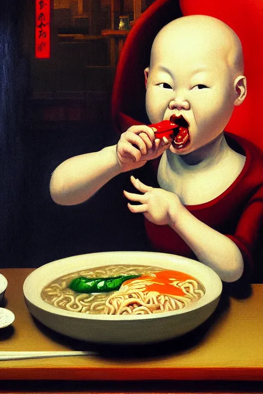 Image similar to evil hungry giant baby eating a huge bowl of ramen in new york city, traditional chinese restaurant, hauntingly surreal, highly detailed painting by francis bacon, edward hopper, adrian ghenie, gerhard richter, and james jean soft light 4 k,