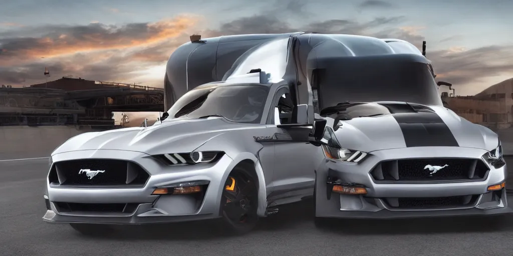 Image similar to a semi-truck with Ford Mustang GT 2021 front design. No background, concept art style.