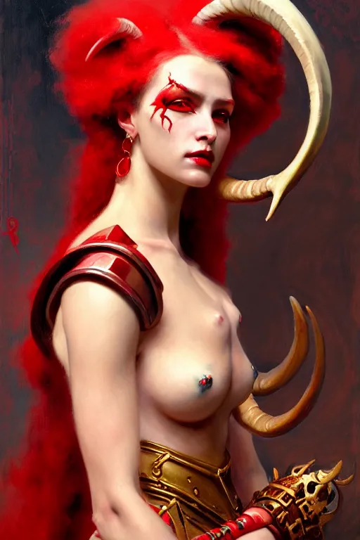 Image similar to painted close - up portrait of a very attractive red - skinned intimidating demon robot humanoid girl with ram horns! oil painting, wearing a noblewoman's outfit, fantasy art by john singer sargent and gaston bussiere and james jean and greg rutkowski, demon noble character design, hd