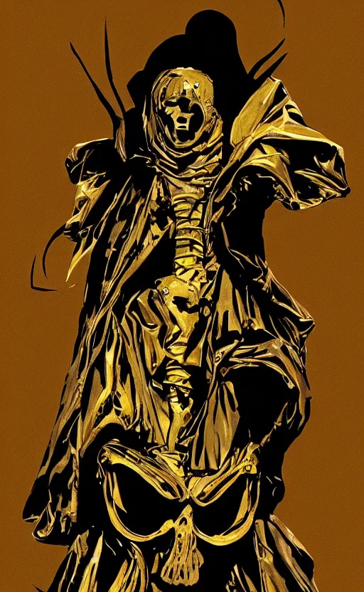 Prompt: golden robed ancient god with a giant bird skullhead, comic book texture, 4 k asymmetrical portrait, frank miller, jamie hewlet, ashley wood, tom lovell, mike mignola, trending on artstation, norman saunders, will eisner, 4 k