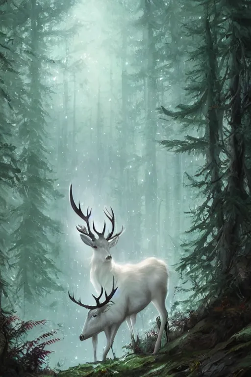 Image similar to Magical White Stag, lush evergreen forest, vivid colors, night scene, 4K, character concept art, oil painting, digital painting, painterly, cinematic lighting, rule of thirds, trending in artstation, cgsociety, by anato finnstark, Artgerm, Greg Rutkowski, Joseph Christian Leyendecker