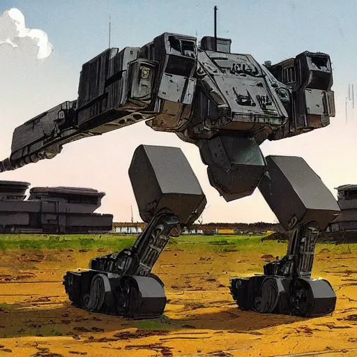 Prompt: a experimental military mech standing in a airfield being tested in the style of Syd Mead realistic detailed cassette futurism concept art in color