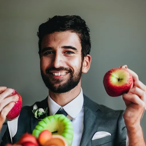 Prompt: photo of a man at his wedding day eating fruit portrait