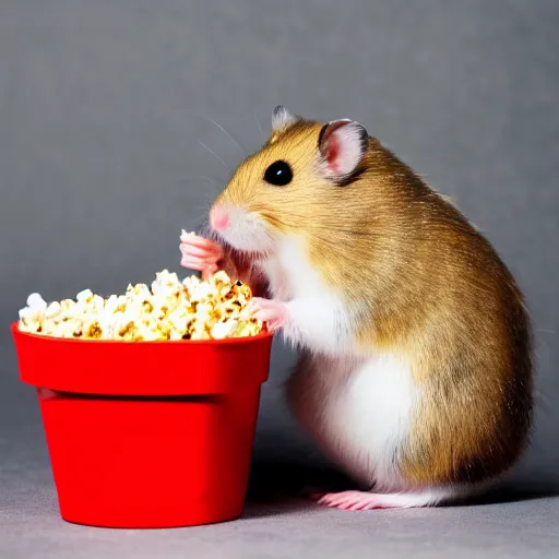 Image similar to photo of a hamster eating popcorn from a bucket of popcorn, various poses, unedited, soft light, sharp focus, 8 k