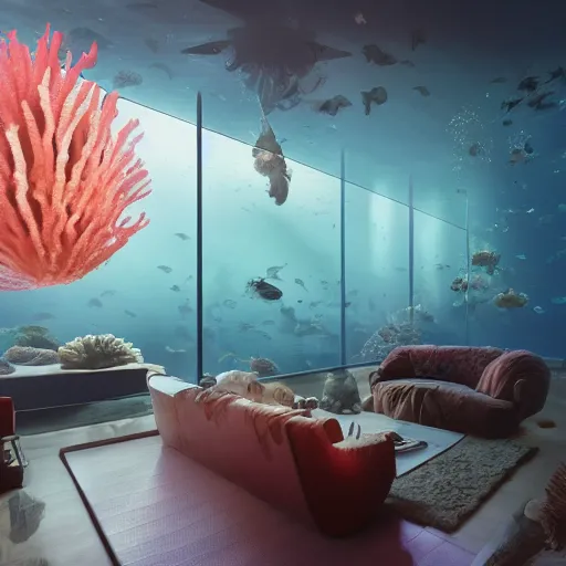 Prompt: photo of the modern fashionable room as aquarium with a chandelier as a big jellyfish, beautiful corals on the walls and dangerous sharks outside, big panoramic window, realism, sharp details, cinematic, under the ocean, realistic colors, realistic shadows, daylight by beeple and by greg rutkowski