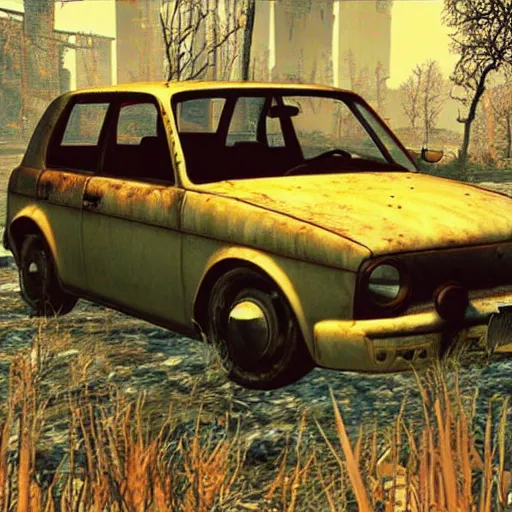 Image similar to Rusty Volkswagen Golf, screenshot from game Fallout 2 (1998), postapocalyptic