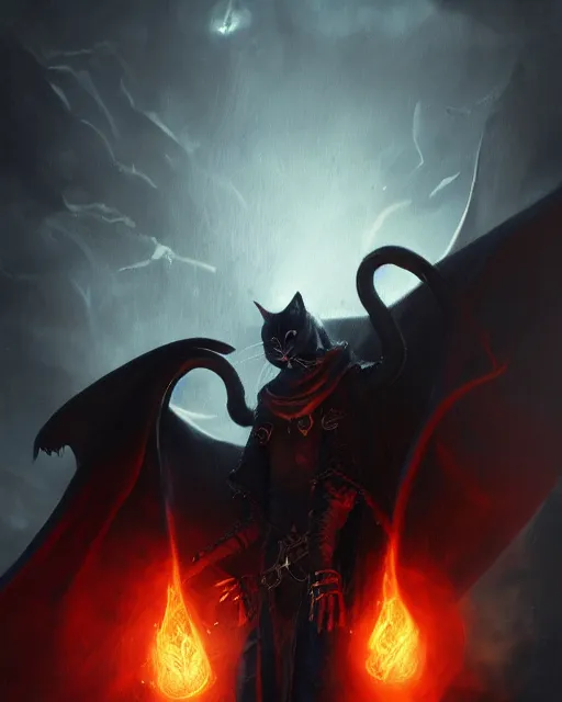 Prompt: oil painting of Anthropomorphized dark Cat Magician, wearing dark cloak, casting black magic spell, evil, glowing eyes, sharp focus, fantasy style, octane render, volumetric lighting, 8k high definition, by greg rutkowski, highly detailed, trending on art Station, magic the gathering artwork, very dark steampunk city backround, centered