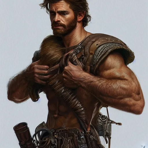 Image similar to portrait of a rugged ranger, 2 5 years old, muscular, upper body, hairy torso, d & d, fantasy, intricate, elegant, highly detailed, digital painting, artstation, concept art, smooth, sharp focus, illustration, art by artgerm and greg rutkowski and alphonse mucha